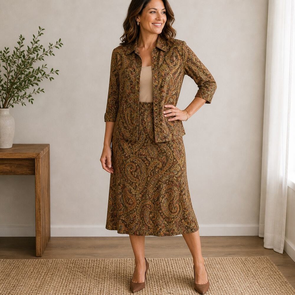 Jones New York Tan Paisley 2-Piece Vintage Midi Dress Sz 8